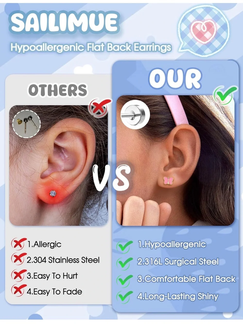 SAILIMUE Hypoallergenic Flat Back Earrings Surgical Steel Sensitive Studs Girl